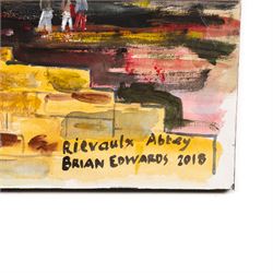 Brian Edwards (British 1944-): 'Rievaulx Abbey 2', acrylic on canvas signed and dated 2018, titled verso 40.5cm x 50.5cm (unframed)
Notes: Dr Brian Edwards is Emeritus Professor of Architecture at ECA Edinburgh University. He is the author of the book ‘Understanding Architecture through Drawing’, has exhibited at the Edinburgh Festival, the RSA and architecture section of the RA Summer Exhibition. As a retired architect, his paintings explore the interface between art and architecture