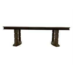 Brunswick - washed oak finish extending dining table, rectangular top with curved ends and carved frieze, central extension leaf, raised on twin pedestals with arched plinth bases and square-sectioned column supports; set of eight (6+2) high-back dining chairs upholstered in beige velvet fabric