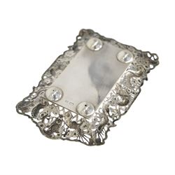 Chinese export pin tray, of rectangular form, the pierced sides embossed with dragons amongst flowers, stamped with character marks and maker's mark for Hungchong & Co, L13cm 