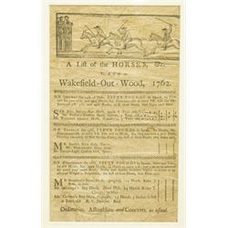 18th century handbill for 'Wakefield-Out-Wood June 1762' with 'Ordinairies, Assemblies and Concerts as usual' 27cm x 16cm, framed and another 'Whittington-Moor near Chesterfield August 1781 29cm x 17cm (2) 
Provenance: property of a Nobleman