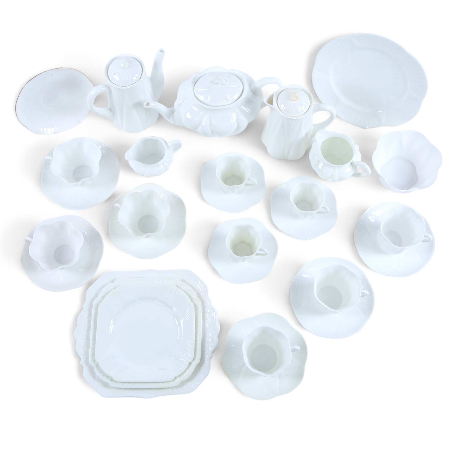 Shelley Dainty White pattern tea service, including teapot, coffee pot, hot water jug, open sucrier, cups and saucers, cake plates etc 