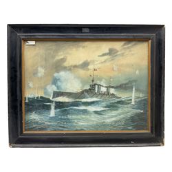 English School (Early 20th century): 'HMS Princess Royal in Action - Heligoland 1914 - Cuxaven 1914 - Jutland 1916', watercolour unsigned and titled 49cm x 67cm