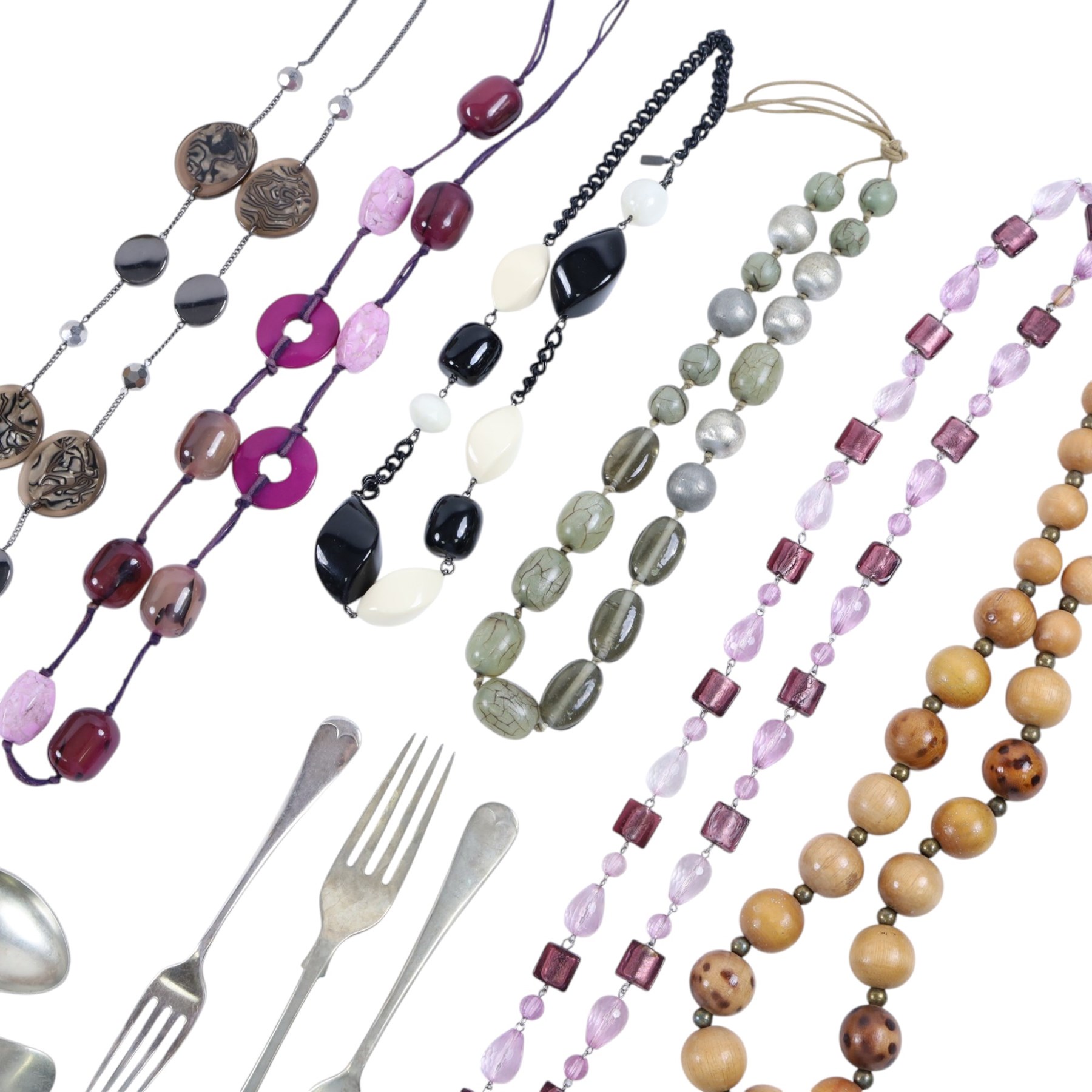 Collection of costume jewellery, included beaded necklaces and brooches, silver plated cutlery and ceramic trinket boxes etc