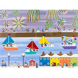 Gordon Barker (British 1960-): 'Seaside Celebrations in the Snow', acrylic and pen signed,...