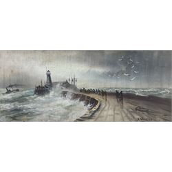 J Watts (British 19th century): Jetty Harbour Scenes, pair oils signed 18cm x 43cm (2)