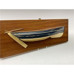 Half Block model of the Whitby Coble 'Elsinore' W.Y.7, on mahogany panel marked verso 'Bill Wedgwood R(obin) H(oods) Bay 94'L42cm; and small scratch-built model of a sailing boat L32cm on wooden stand (2)