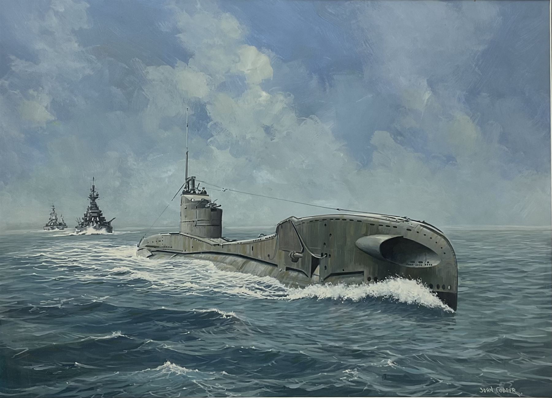 John Cooper (British 1942-): Ship's Portrait - HM Submarine 'Thorn', watercolour and gouache signed 53cm x 73cm
Notes: Thorn was a 'T' Class boat built in 1941, sunk in 1942 by Italian Destroyer escort 'Pegaso'.