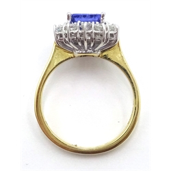  18ct gold emerald cut tanzanite and diamond cluster ring, hallmarked, tanzanite approx 2 carat, diamonds approx 0.7 carat  