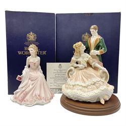 Two Royal Worcester figures, comprising A Gift of Love from the Age of Romance Series, limited edition 325/500, with certificate and original box and Royal Premier from the Glittering Occasions series, with original box 