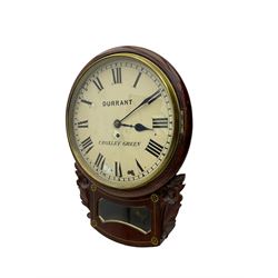 A late 19th century drop dial fusee wall clock in a mahogany case with brass inlay and a carved representation of flowers flanking the glazed pendulum viewing glass, with case side door and pendulum adjustment door, 12