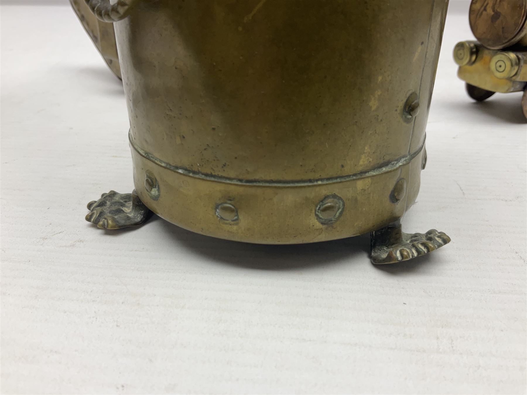 Trench Art - WWI 0-8-0 steam locomotive made from brass, copper and late Victorian pennies and half-pennies L17.5cm; WWI brass and copper tank candleholder; WWI brass shell case two-handled vase inscribed 'RFA France 1914-17'; and an unrelated brass plant holder (4)