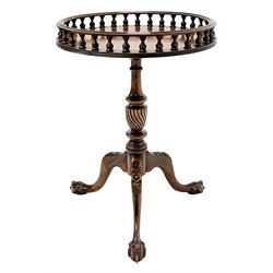 Bevan Funnell Reprodux mahogany tripod table, circular galleried top on turned stem, three floral carved splayed supports with ball and claw feet