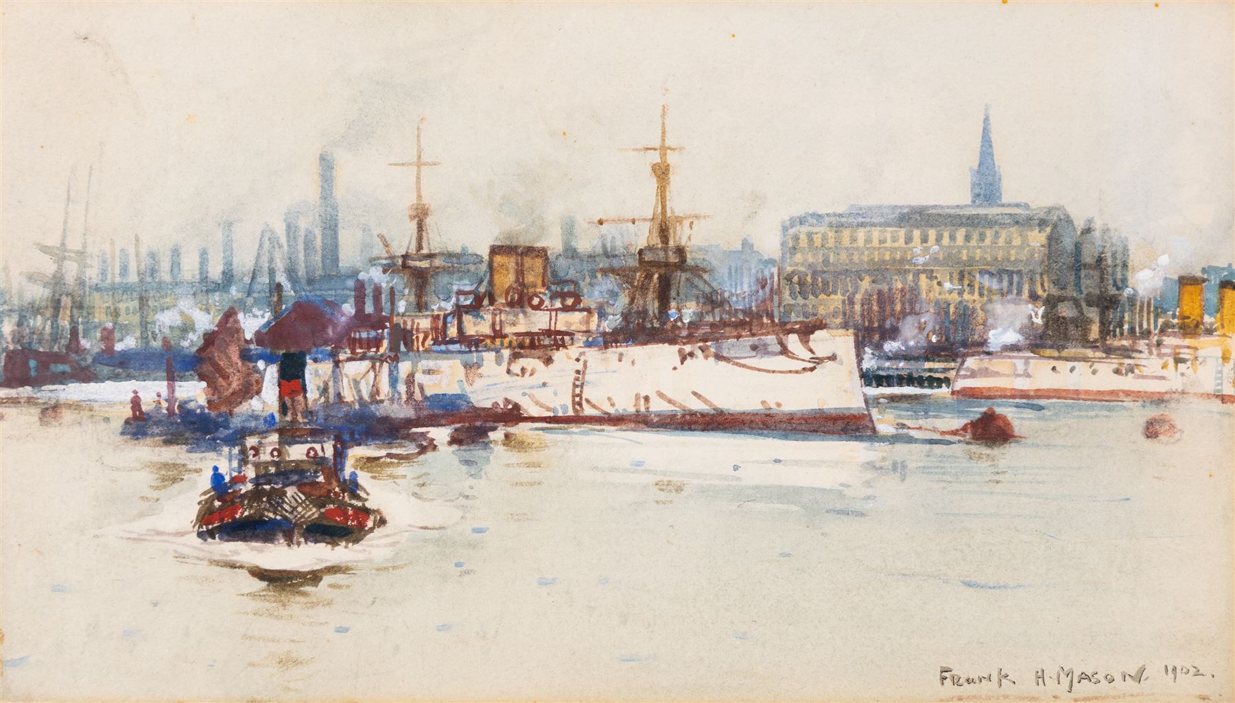 Frank Henry Mason (Staithes Group 1875-1965): Destroyer 'On the Tyne', watercolour signed and dated 1902, titled verso 15cm x 26.5cm 
Notes: later reproduced as a postcard by J J Longhurst, sold together with a framed example.
