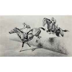 E River (British 20th century): Jockeys Taking a Fence, etching signed 16cm x 28cm