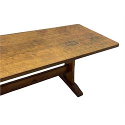 Yorkshire Oak 'Kingpost' - oak dining table, rectangular adzed top on tapered end supports, united by pegged stretchers carved with kingpost signature, on sledge feet, by Robert Ingham, Burton Leonard, Harrogate 