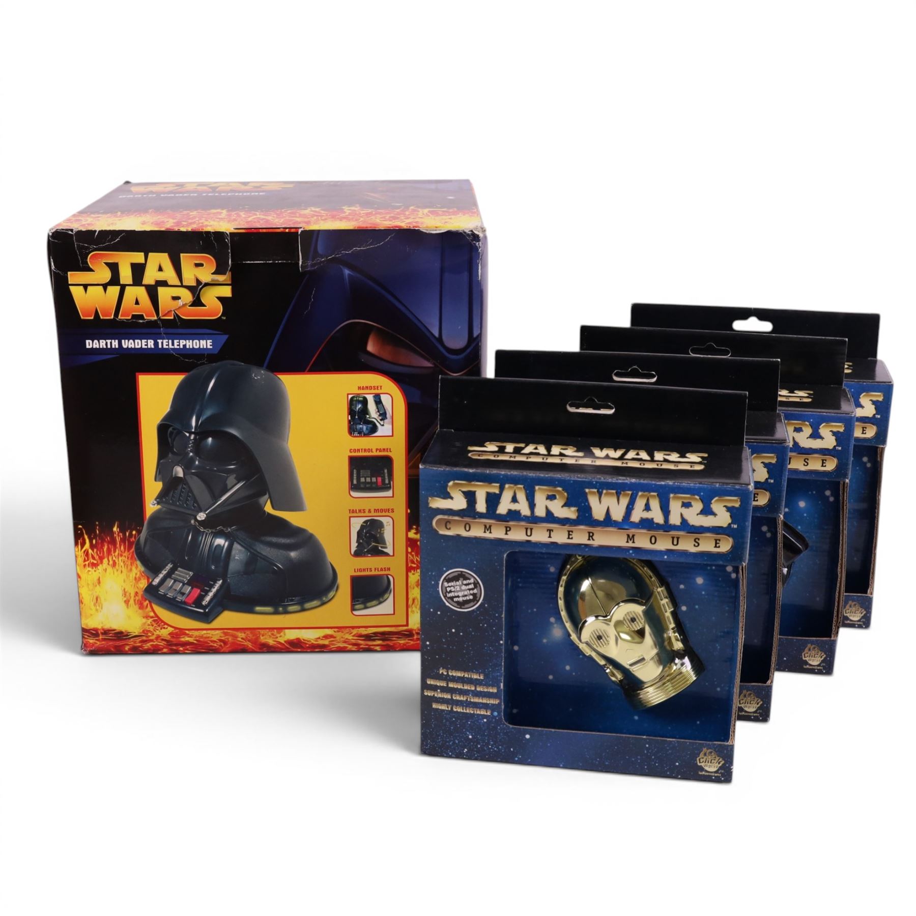 Cards Inc Star Wars Darth Vader telephone and four Click Works Star Wars computer mice, comprising two Darth Vader examples, C-3PO and Storm Trooper, all boxed
