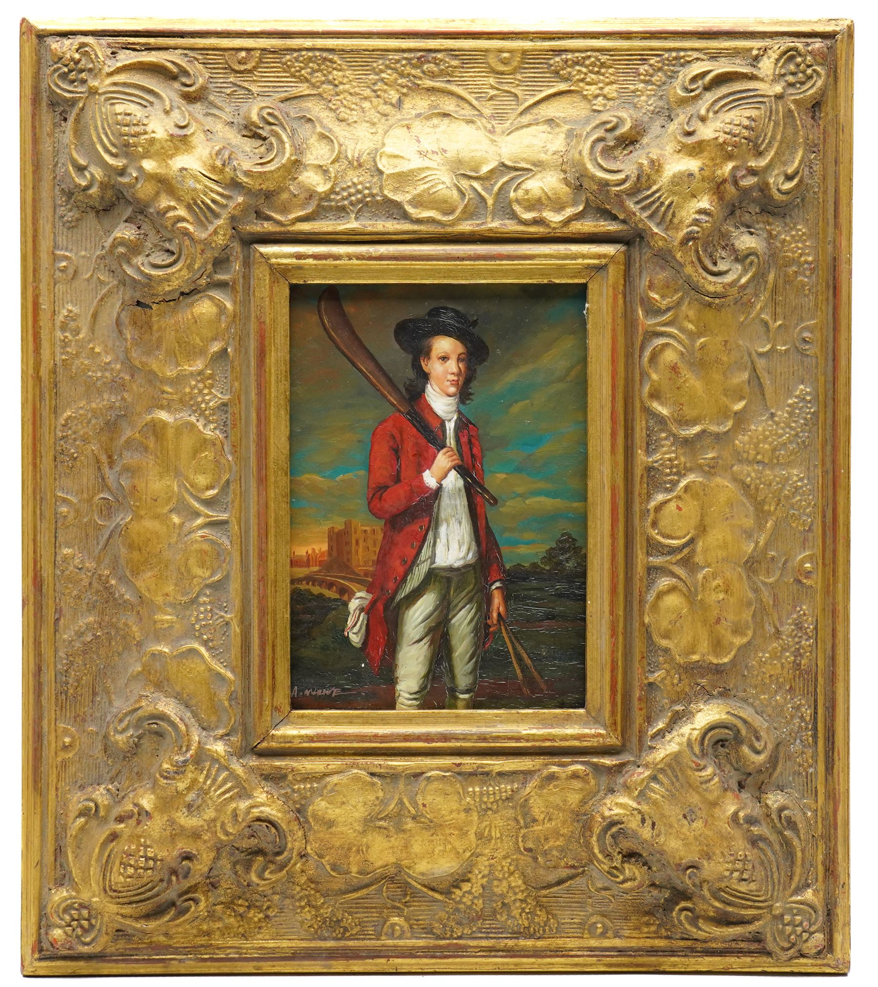 English School (20th century): Portait of a Boy with a Bat and a Ship Portrait, two oils on wood panel in matching gilt frames indistinctly signed 16cm x 11cm and 11cm x 16.5cm (2)