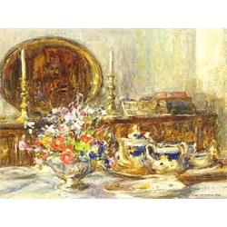  Rowland Henry Hill (Staithes Group 1873-1952): Still Life with Flowers and Teaware, oil on canvas signed and dated 1921, 36cm x 47cm Provenance: the painting depicts Mr & Mrs Hess's dining room with Peter Howarth Milnthorpe Cumbria exh. 'Members of the Staithes Group' - Fine Art Society New Bond St. London and the Pannett Gallery Whitby 2002             DDS - Artist's resale rights may apply to this lot                    