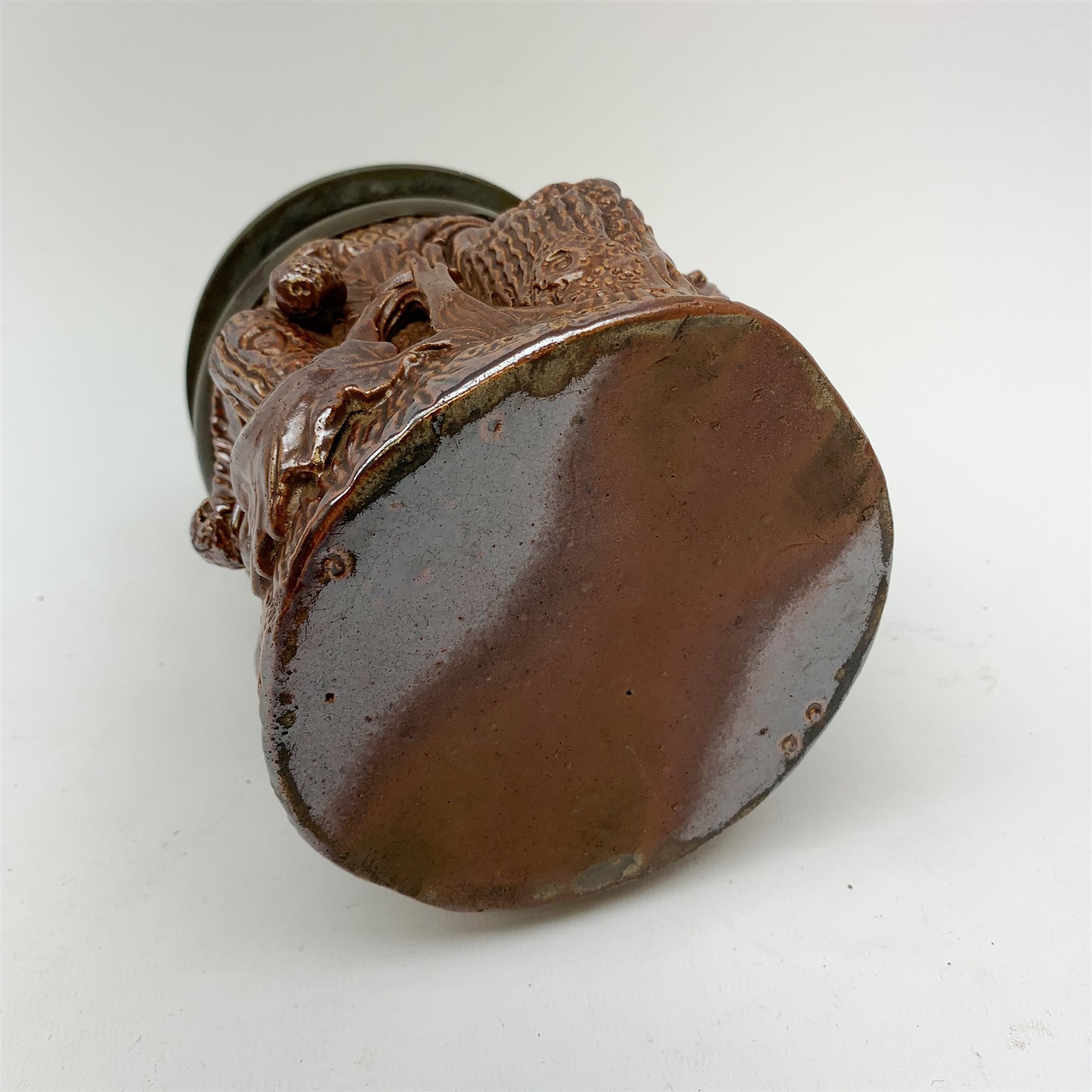 19th century salt glazed tobacco jar, of cylindrical form modelled as a