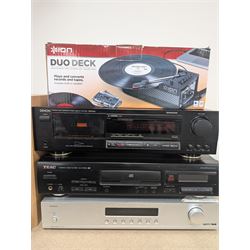 Collection of audio equipment, including Cambridge Audio Integrated Amplifier, two Panasonic speakers, ION Duodeck turntable, Denon DRM 600 tape deck, Teac P160D CD Player and a Tangent DAB radio