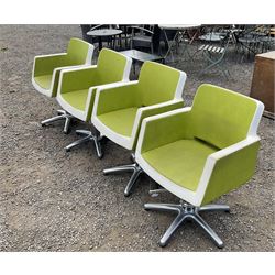 Salon Equipment - Set of four green and white faux leather hydraulic styling salon chairs - THIS LOT IS TO BE COLLECTED BY APPOINTMENT FROM DUGGLEBY STORAGE, GREAT HILL, EASTFIELD, SCARBOROUGH, YO11 3TX
