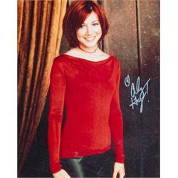 Signed Buffy the Vampire Slayer montage, comprising limited edition print signed by artist Julie Bell to the centre bordered by signed cast photographs to include Sarah Michelle Gellar, Anthony Head, Alyson Hannigan, David Boreanaz, James Marsters and Juliet Landau, in large presentation frame, frame H109cm, W126cm