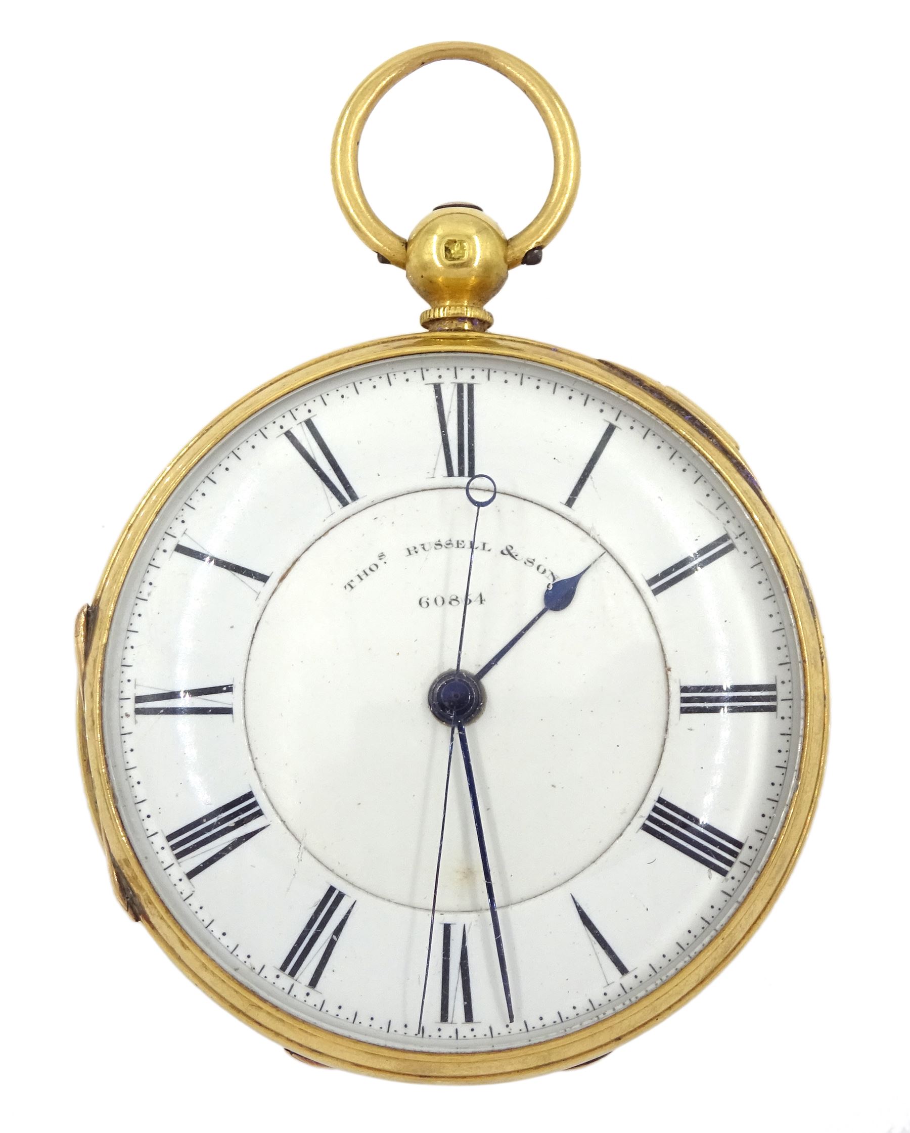 Victorian 18ct gold open face key wound lever pocket watch by Thomas Russell, Liverpool & London, No. 60854, stop/work lever, white enamel dial with Roman numerals, case by Thomas Russell, Chester 1873