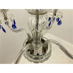 Glass four light chandelier, the baluster shaped central glass column supporting four curved branches with drip pans and blue glass drops, approx height excl fitting H50cm