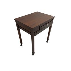 Mid-20th century mahogany spectacle selection stand, rectangular hinged top with inset bevelled mirror on inside, fitted with two shallow glasses drawers to each side and one deep drawer, square supports with castors