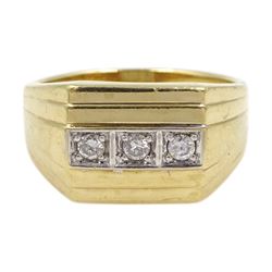 9ct gold three stone diamond, rubbover set ring, hallmarked, total diamond weight 0.15 carat