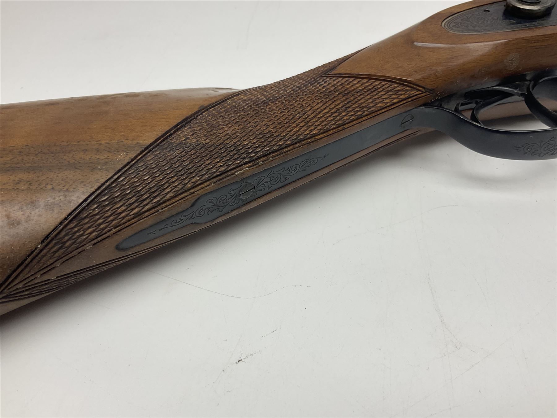 SHOTGUN CERTIFICATE REQUIRED: Fabbrica Armi F.lli Pietta Gussago BS Italy 12-bore side-by-side muzzle loading black powder double barrel percussion hammer gun, retailed by Navy Arms Co. Ridgefield N.J., the 71cm (28