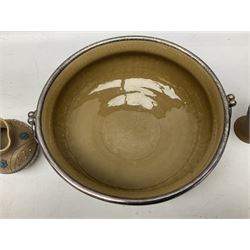 Five pieces of Doulton Lambeth silicon, comprising  salad bowl with plate mounted rim and handles, a pair of similar salad servers, vase and jug, jug H16cm