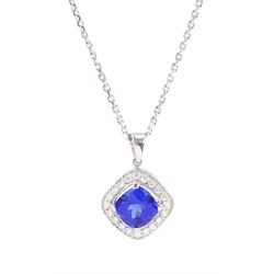18ct white gold cushion cut tanzanite and round brilliant cut diamond cluster pendant necklace, tanzanite approx 2.80 carat, total diamond weight approx 0.20 carat