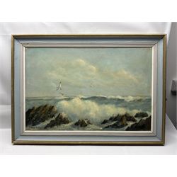 William Burns (Northern British 1923-2010): 'Surf and Rocks - North Devon', oil on board signed, titled verso 50cm x 70cm Provenance: Direct from the family of the artist.
Notes: Born in Sheffield in 1923, William Burns RIBA FSAI FRSA studied at the Sheffield College of Art before the outbreak of the Second World War, during which he helped illustrate the official War Diaries for the North Africa Campaign, and was elected a member of the Armed Forces Art Society. On his return, he studied architecture at Sheffield University and later ran his own successful practice, being a member of the Royal Institute of British Architects. However, painting had always been his self-confessed 'first love', and in the 1970s he gave up architecture to become a full-time artist, having his first one-man exhibition in 1979.