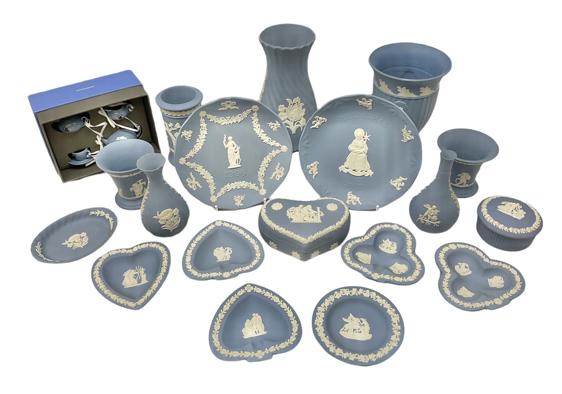 Wedgwood pale blue Jasperware, to include a pair of tulip vases, large vase with fluted rim, trinket dishes, trinket box etc, together with Wedgwood miniature hanging decoration in the form of a tea set 
