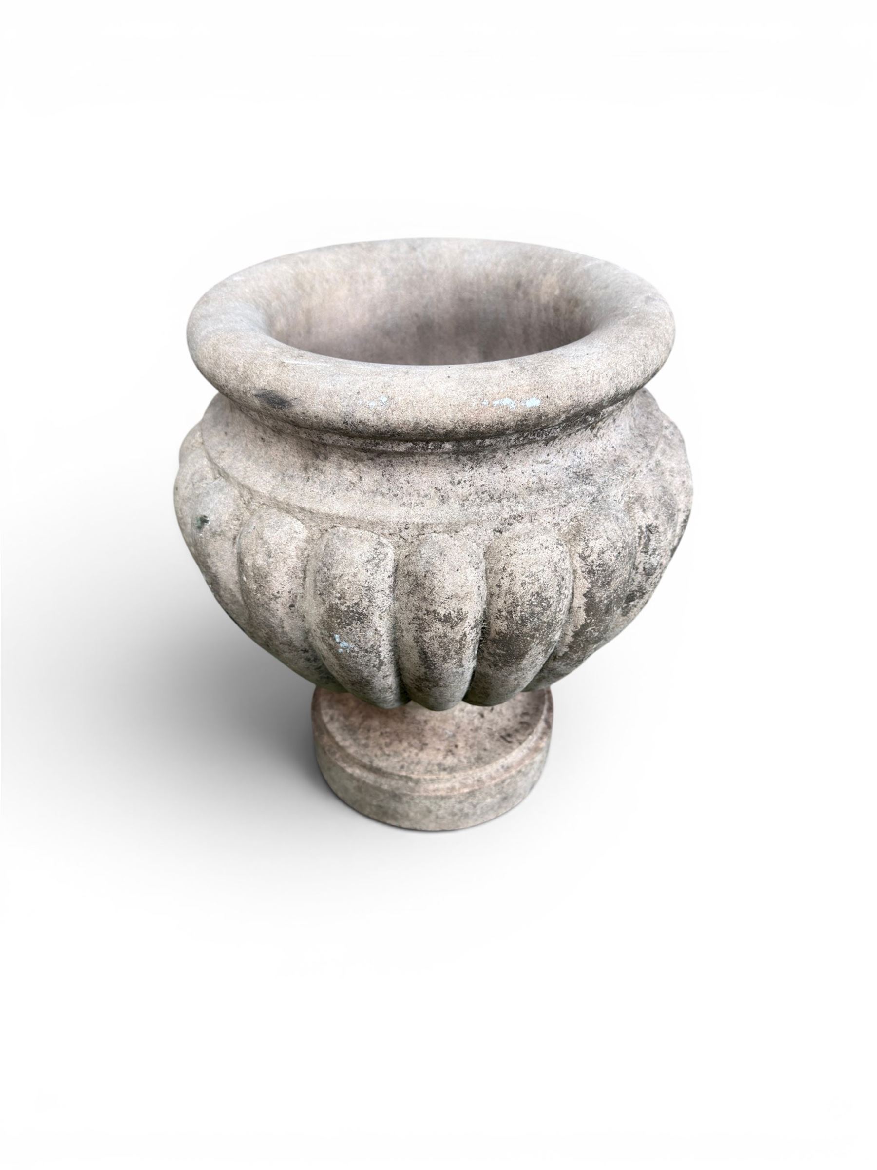 Small marble campana pedestal urn, fluted lobes raised on circular pedestal foot