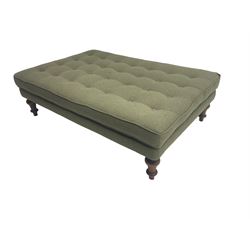 Peter Silk of Helmsley - large rectangular footstool upholstered in buttoned green tweed fabric, on turned mahogany feet