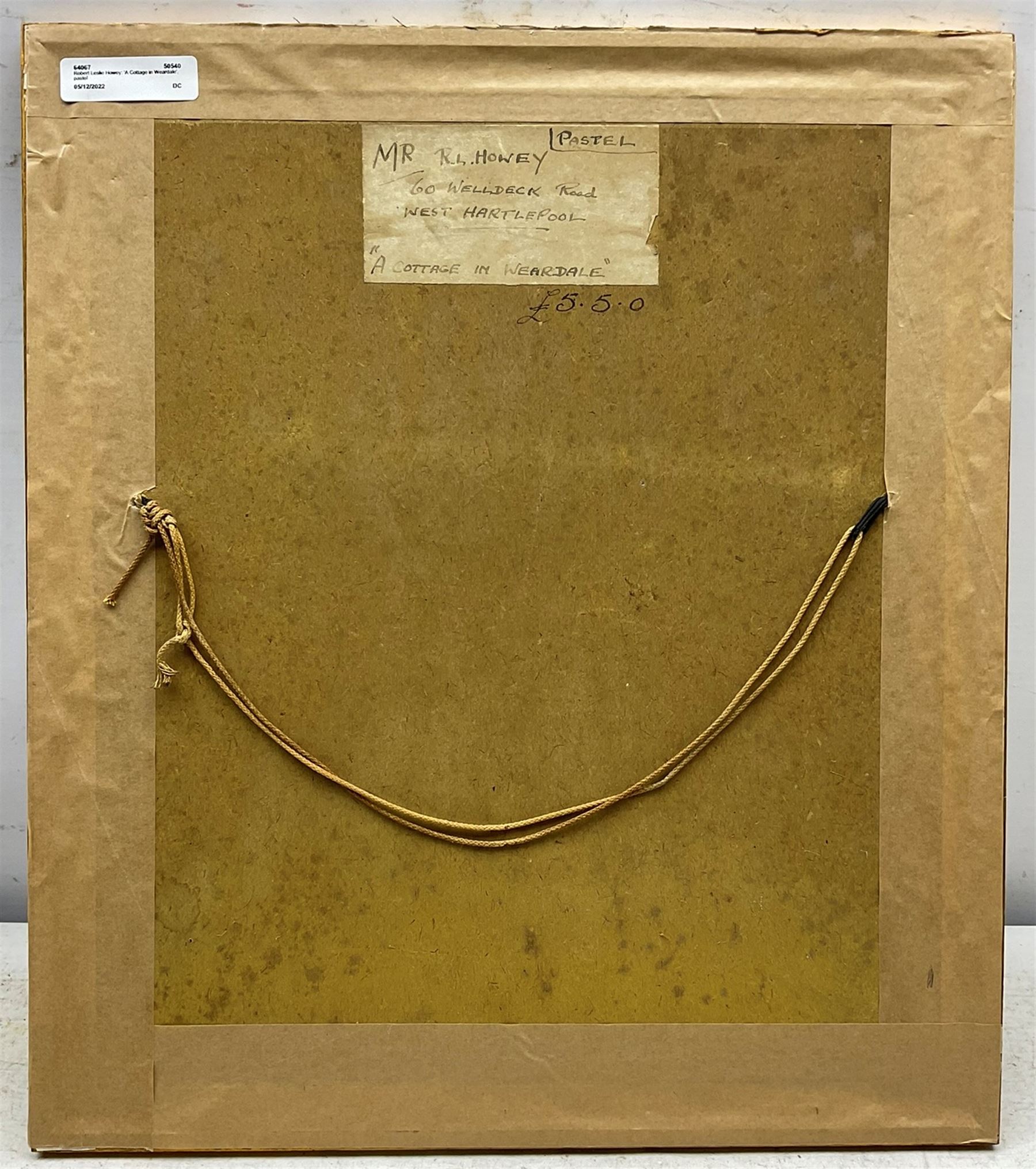 Robert Leslie Howey (British 1900-1981): 'A Cottage in Weardale', pastel signed and dated '44, titled on label with artist's Hartlepool address verso 25cm x 25cm