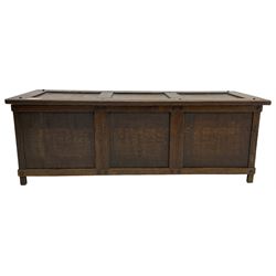 20th century oak panelled blanket chest or coffer, pegged construction with hinged lid, on stile supports