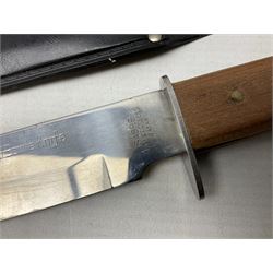 Reproduction non-firing flintlock pistol with brass skull crusher butt, the lock-plate inscribed 'Tower' and 'GR' L40cm; Sabre Japan Original Bowie Knife in sheath; and Indian embossed nickel two-piece walking cane (3)