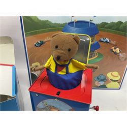 Schylling - six tinplate models comprising Sir Ian’s Bluebird racing car, Speedway Auto Racer, two Aluminium Airships, Tin Speedboat and Ernest in the Music Box; all in original boxes 