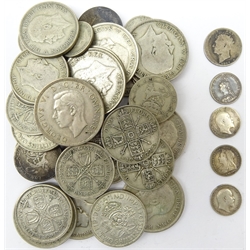  Over 290 grams of pre 1947 Great British silver coins, 1829 sixpence and 1891, 1900 and two 1908 threepence pieces  