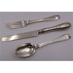 Victorian silver cutlery set, comprising knife, fork and spoon, all profusely engraved with flower heads, each with initials terminals, hallmarked Chawner & Co Birmingham 1877, contained within tooled leather, velvet and silk lined fitted case