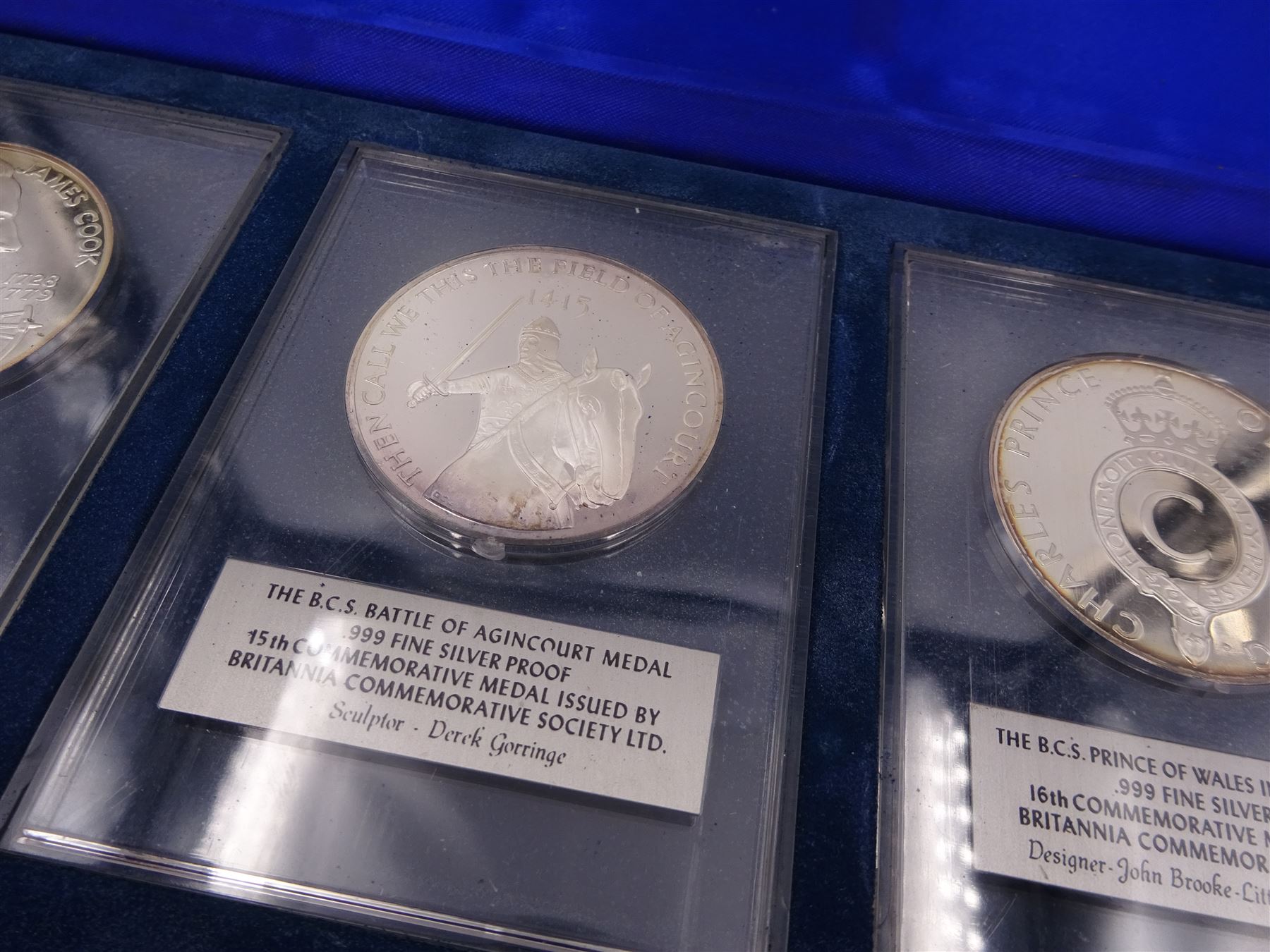 British Commemorative Society Ltd, set of six commemorative .999 fine silver proof medals, no. 13 to 18 , to include The Dunkirk Medal, The Captain Cook Medal, The Battle of Agincourt Medal, The Prince of Wales Investiture Medal, The Stonehenge Medal and The Queen Elizabeth Medal, each contained within clear perspex cases, in a silk lined fitted case