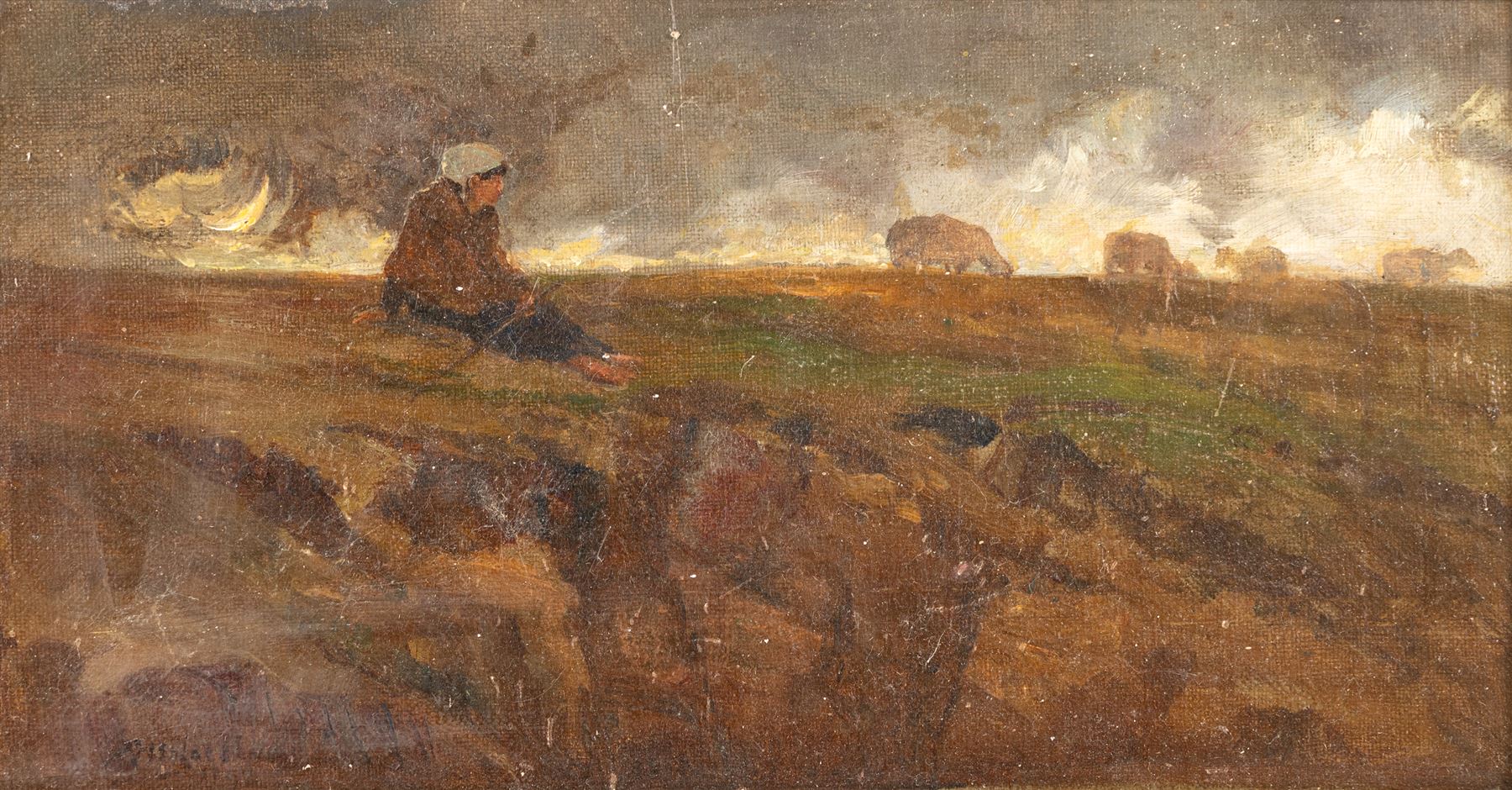 English School (19th Century): Figure and Cows on a Stormy Moorland, oil canvas laid onto board indistinctly signed 14cm x 27cm