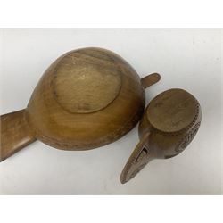 Collection of olive wood treen to include mid 20th century bowl carved in the form of a duck, possibly Scandinavian, jug with geometric form carvings and pierced handle, turned chalice, vase and tape measure in the form of a bell, together with a Robb Brothers Coldstream Mauchline ware miniature letter rack, tallest H16cm (6)