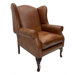 Laura Ashley - wingback armchair, upholstered in brown leather, on cabriole front feet