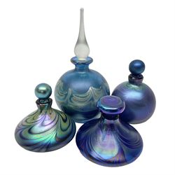 Three Okra scent bottles, all decorated with iridescent threads in blue and purple tones, together with  Paul C Brown scent bottle, largest H15cm