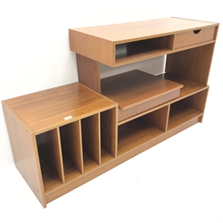 Teak retro corner entertainment stand, single drawer, record stand, W146cm, H81cm, D46cm