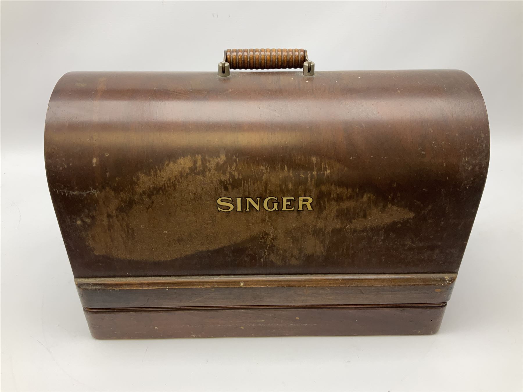 Cased early 20th century Singer hand sewing machine, lacking key
